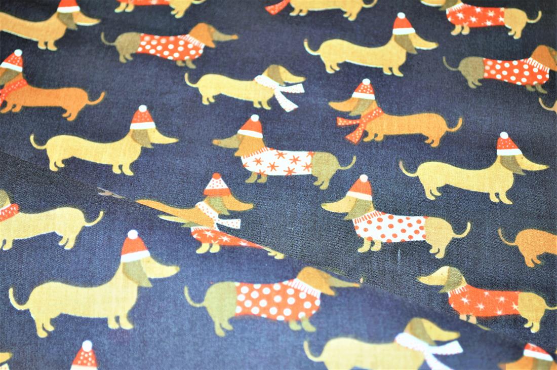 Sausage Dog Christmas Printed Poly Cotton Fabric