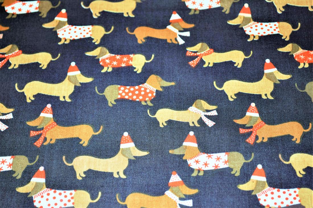 Sausage Dog Christmas Printed Poly Cotton Fabric