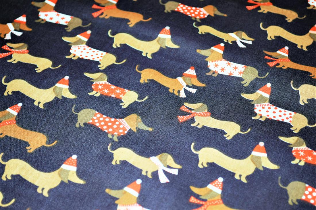 Sausage Dog Christmas Printed Poly Cotton Fabric
