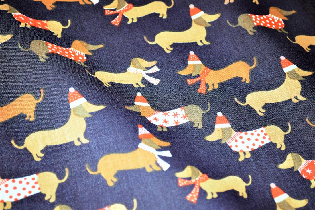Sausage Dog Christmas Printed Poly Cotton Fabric