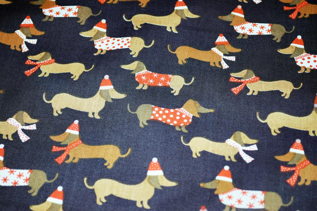 Sausage Dog Christmas Printed Poly Cotton Fabric