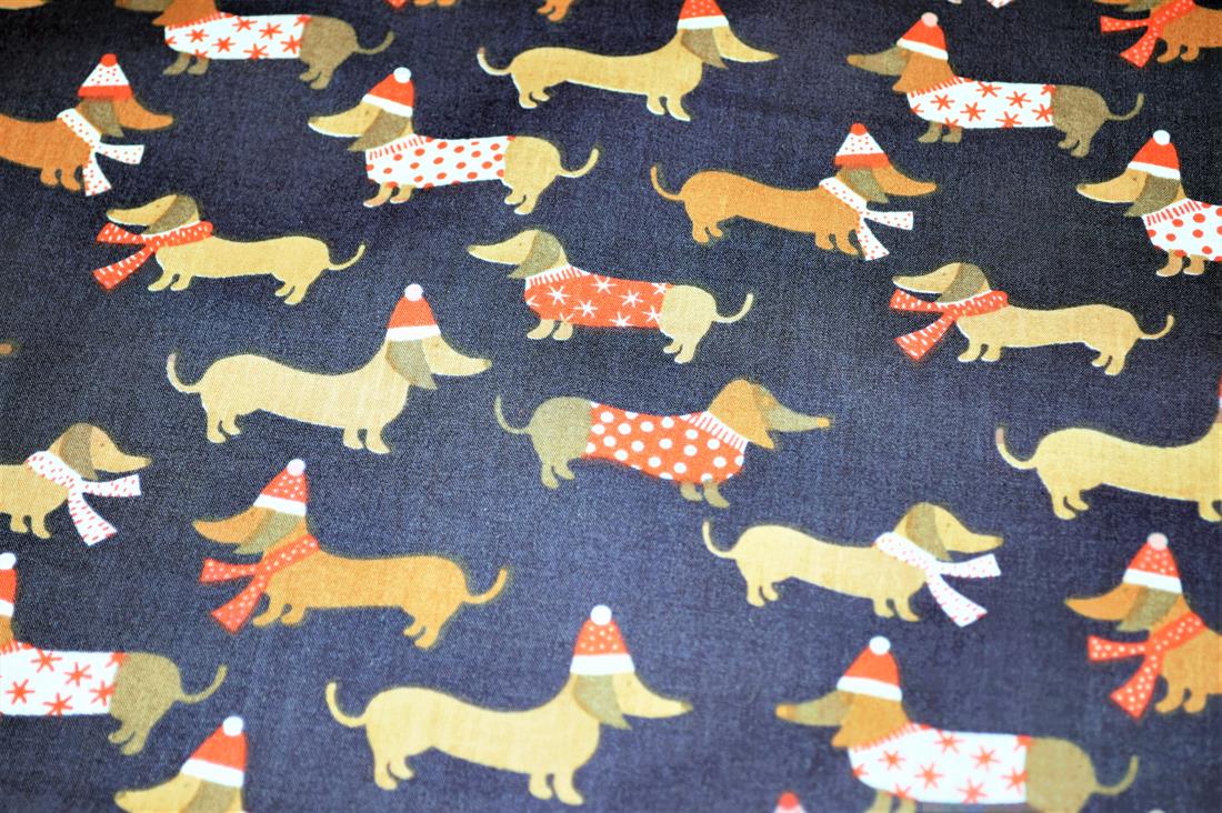 Sausage Dog Christmas Printed Poly Cotton Fabric