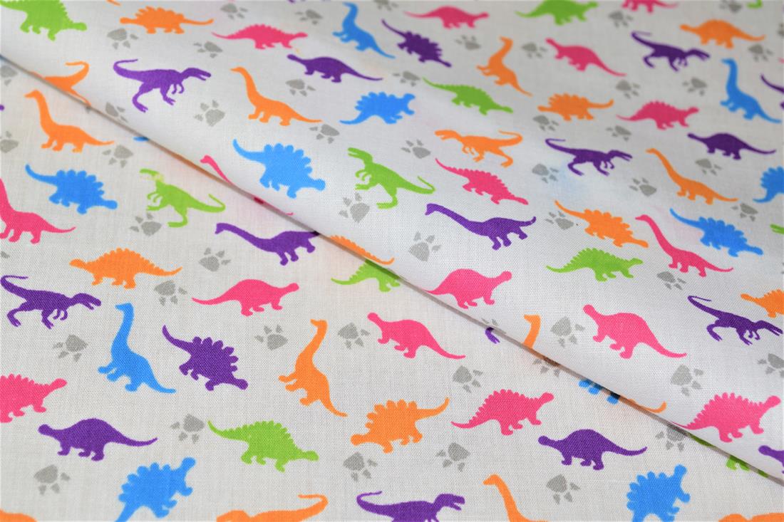 White Printed Poly Cotton Fabric, Dinosaur