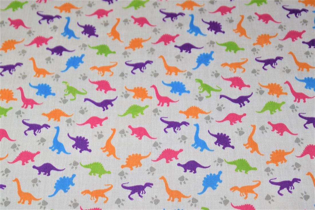 White Printed Poly Cotton Fabric, Dinosaur