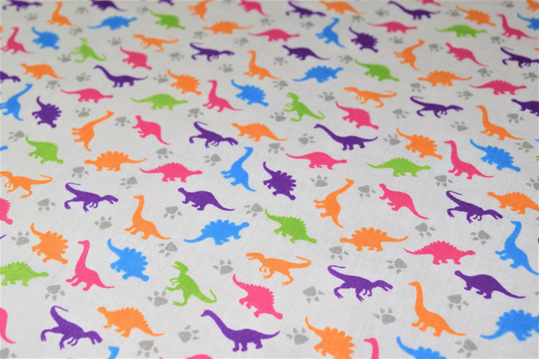 White Printed Poly Cotton Fabric, Dinosaur