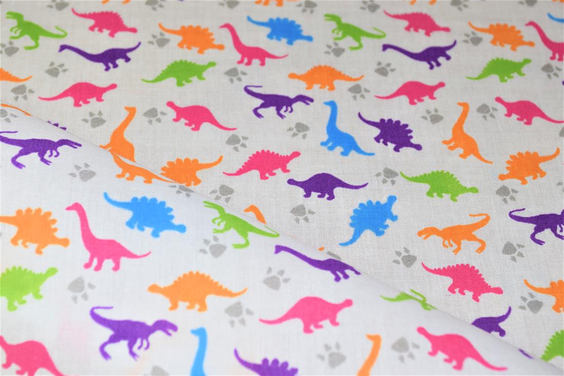 White Printed Poly Cotton Fabric, Dinosaur