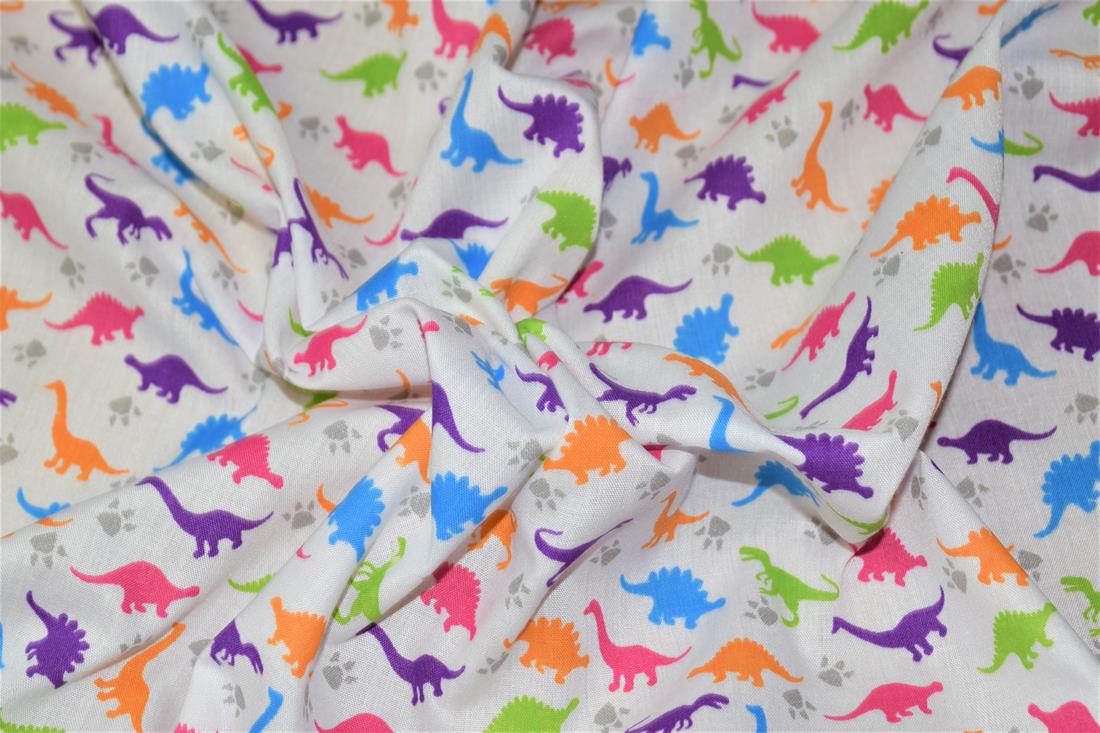 White Printed Poly Cotton Fabric, Dinosaur