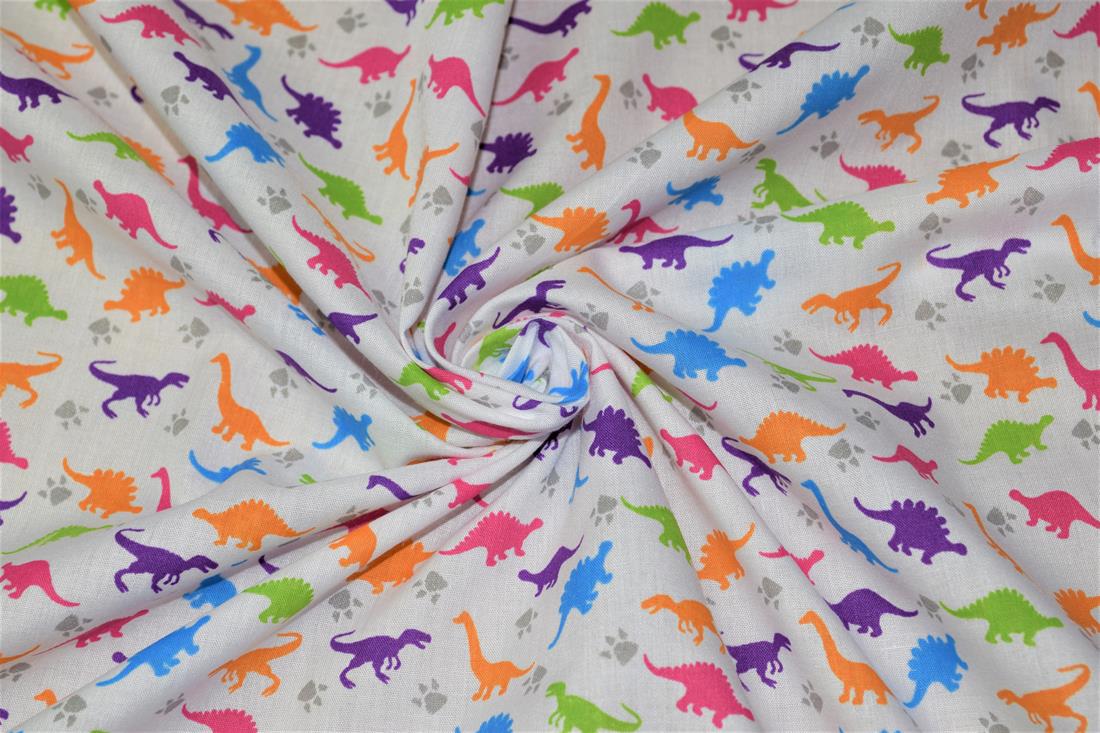White Printed Poly Cotton Fabric, Dinosaur