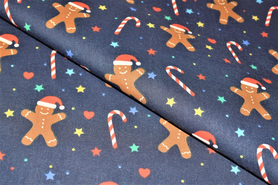 Navy Gingerbread Men Printed Christmas Festive Polycotton Fabric
