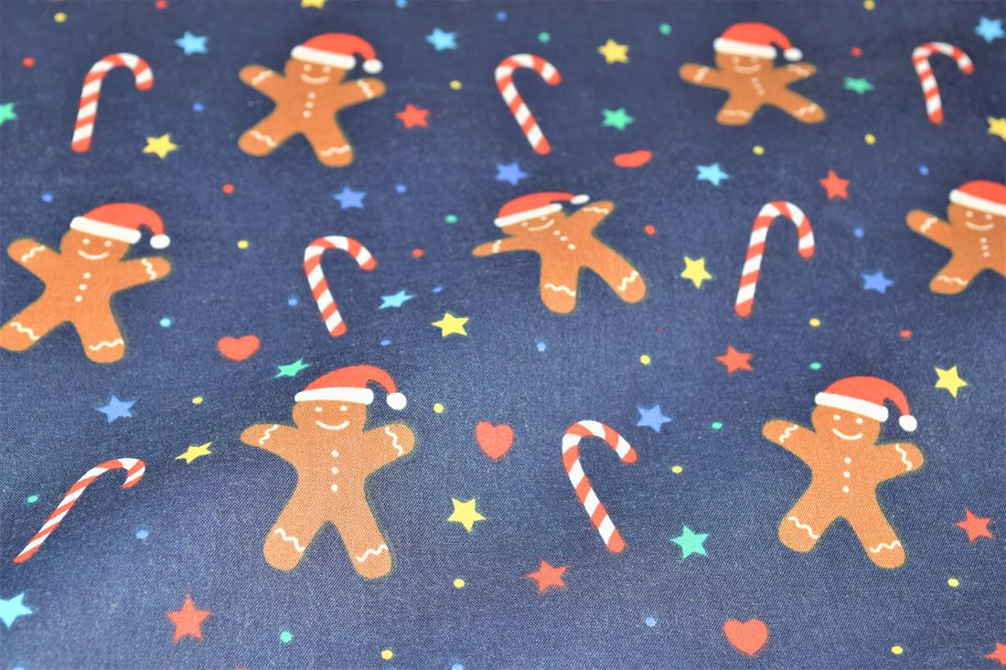 Navy Gingerbread Men Printed Christmas Festive Polycotton Fabric