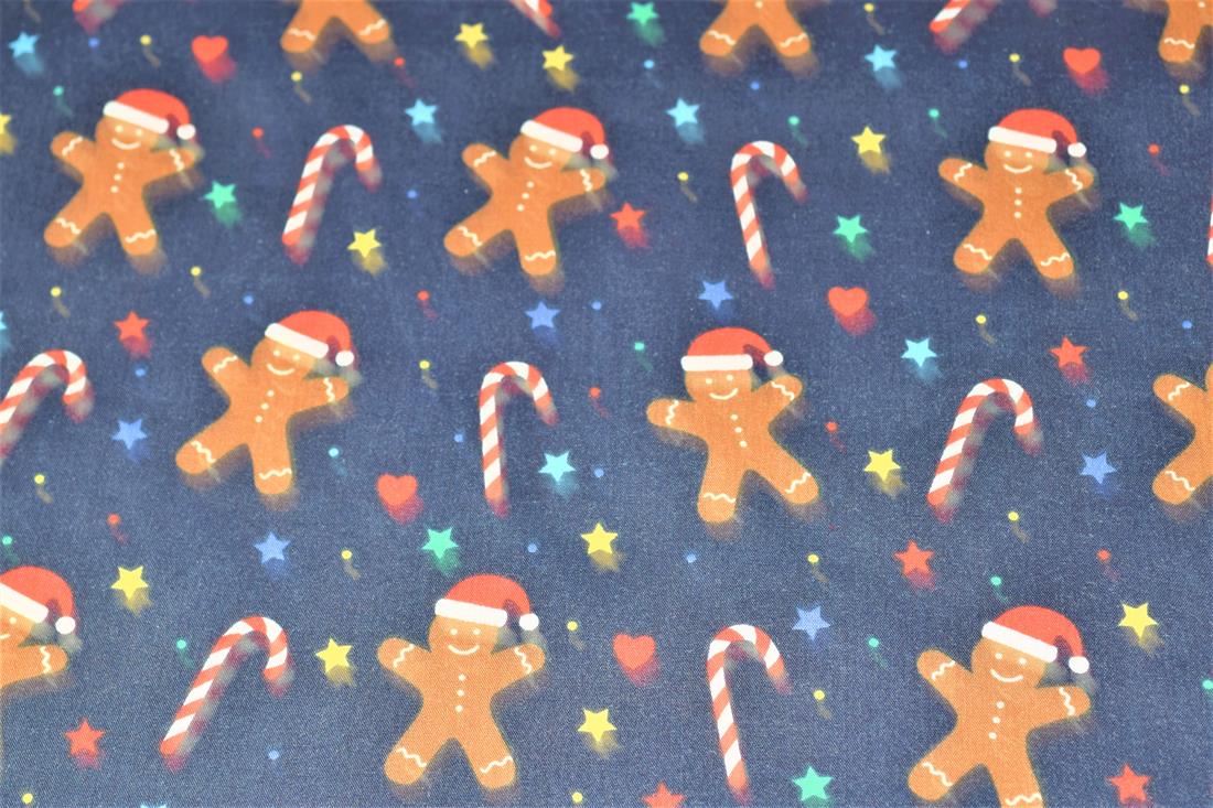 Navy Gingerbread Men Printed Christmas Festive Polycotton Fabric