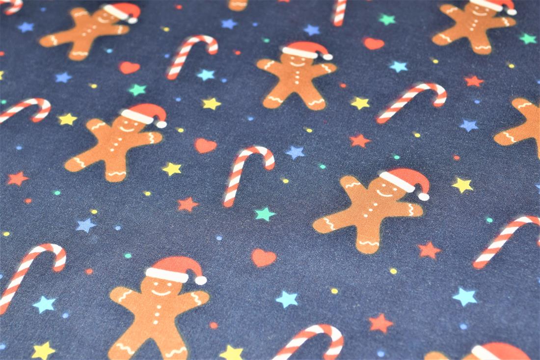 Navy Gingerbread Men Printed Christmas Festive Polycotton Fabric