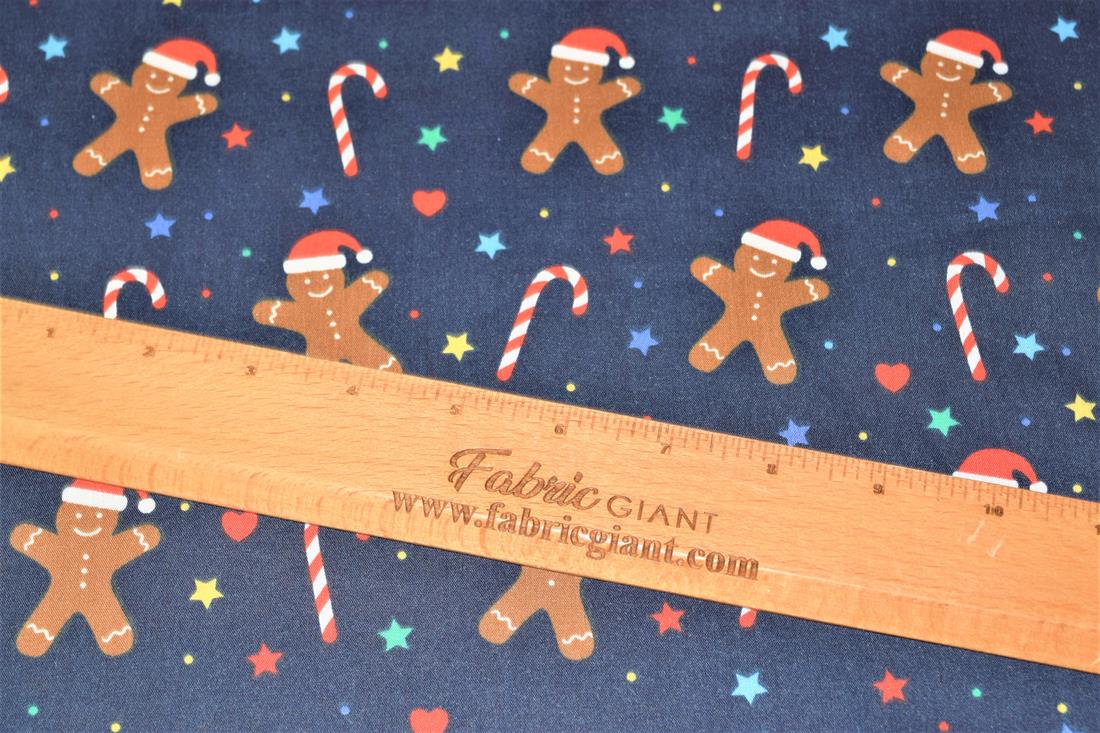 Navy Gingerbread Men Printed Christmas Festive Polycotton Fabric