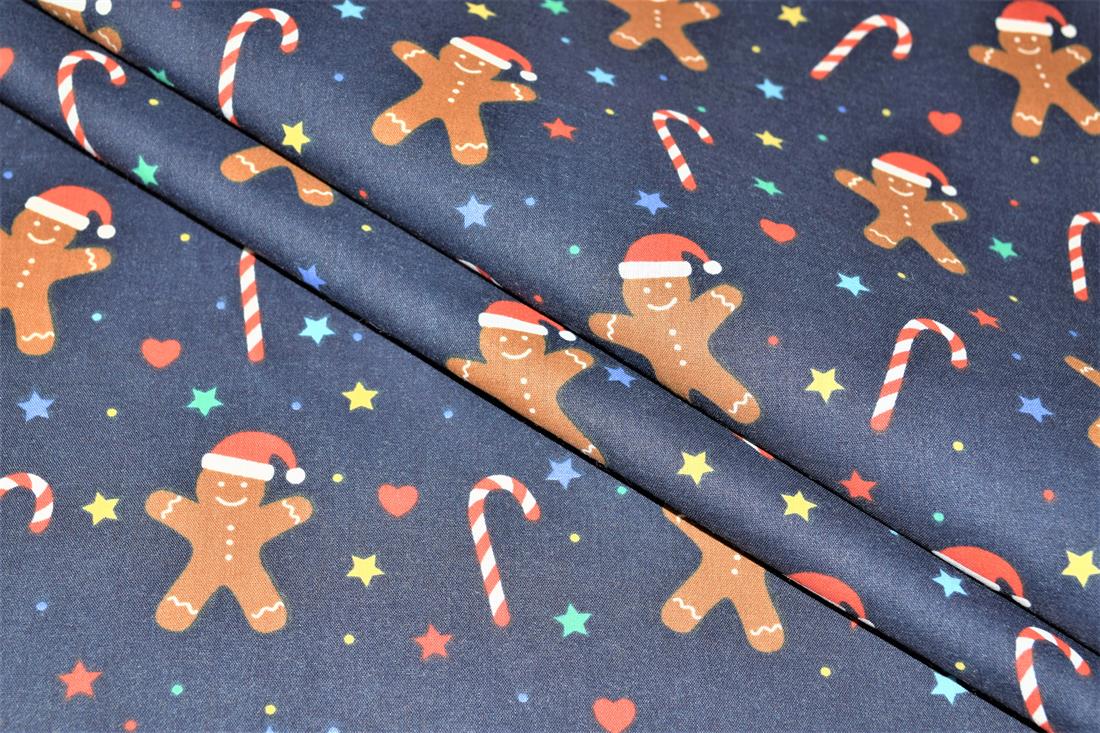 Navy Gingerbread Men Printed Christmas Festive Polycotton Fabric