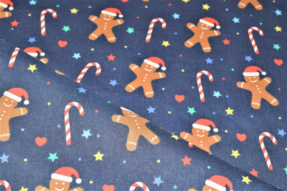 Navy Gingerbread Men Printed Christmas Festive Polycotton Fabric