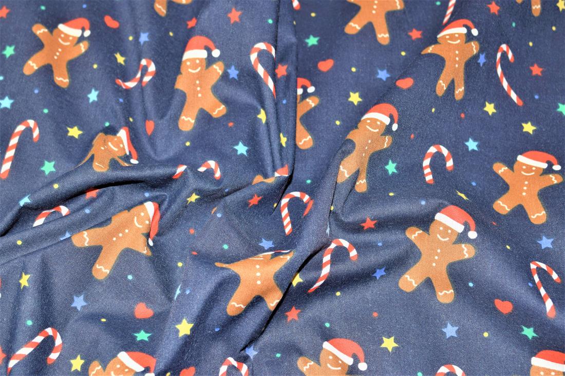 Navy Gingerbread Men Printed Christmas Festive Polycotton Fabric