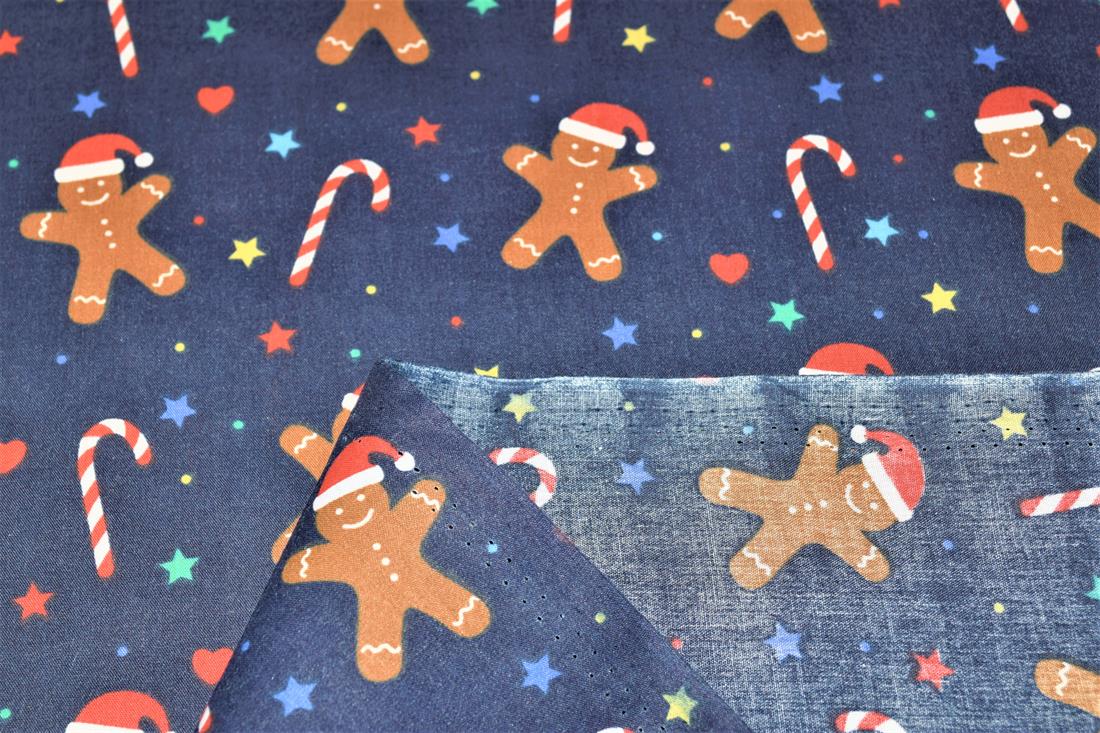 Navy Gingerbread Men Printed Christmas Festive Polycotton Fabric