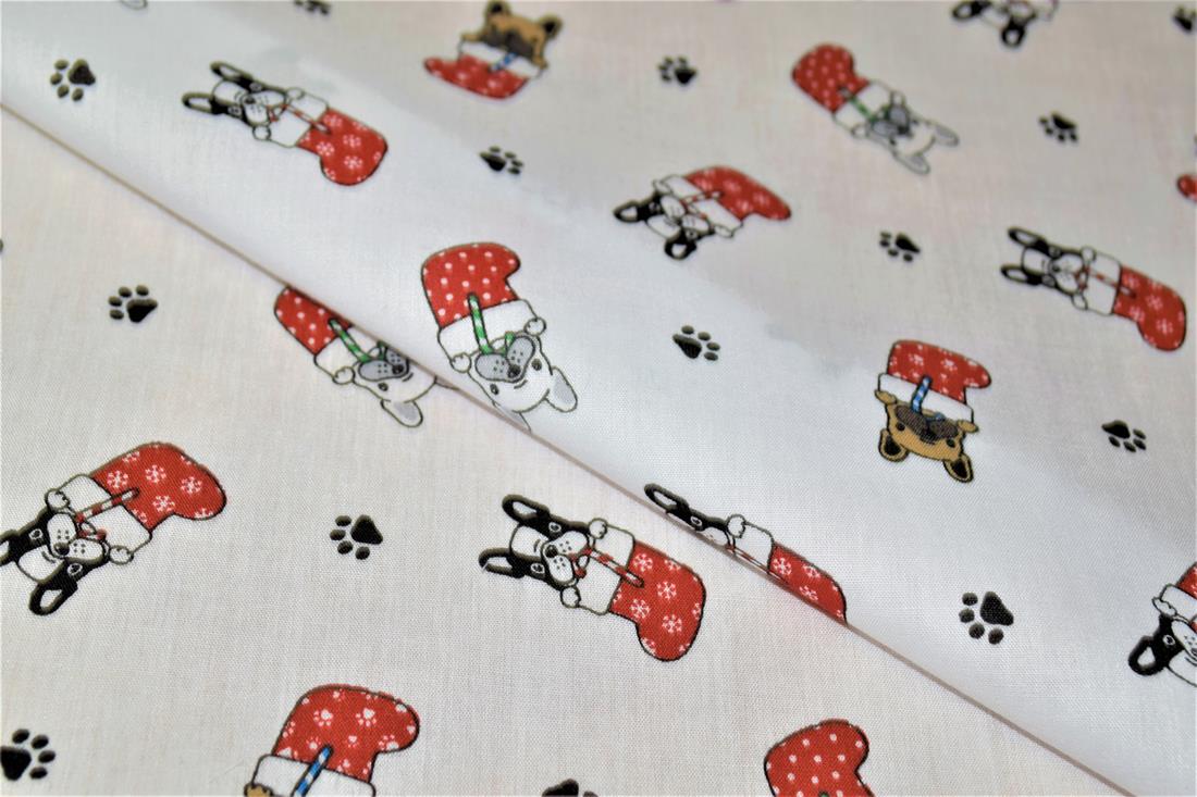 White Dogs in Stockings Printed Christmas Festive Polycotton Fabric