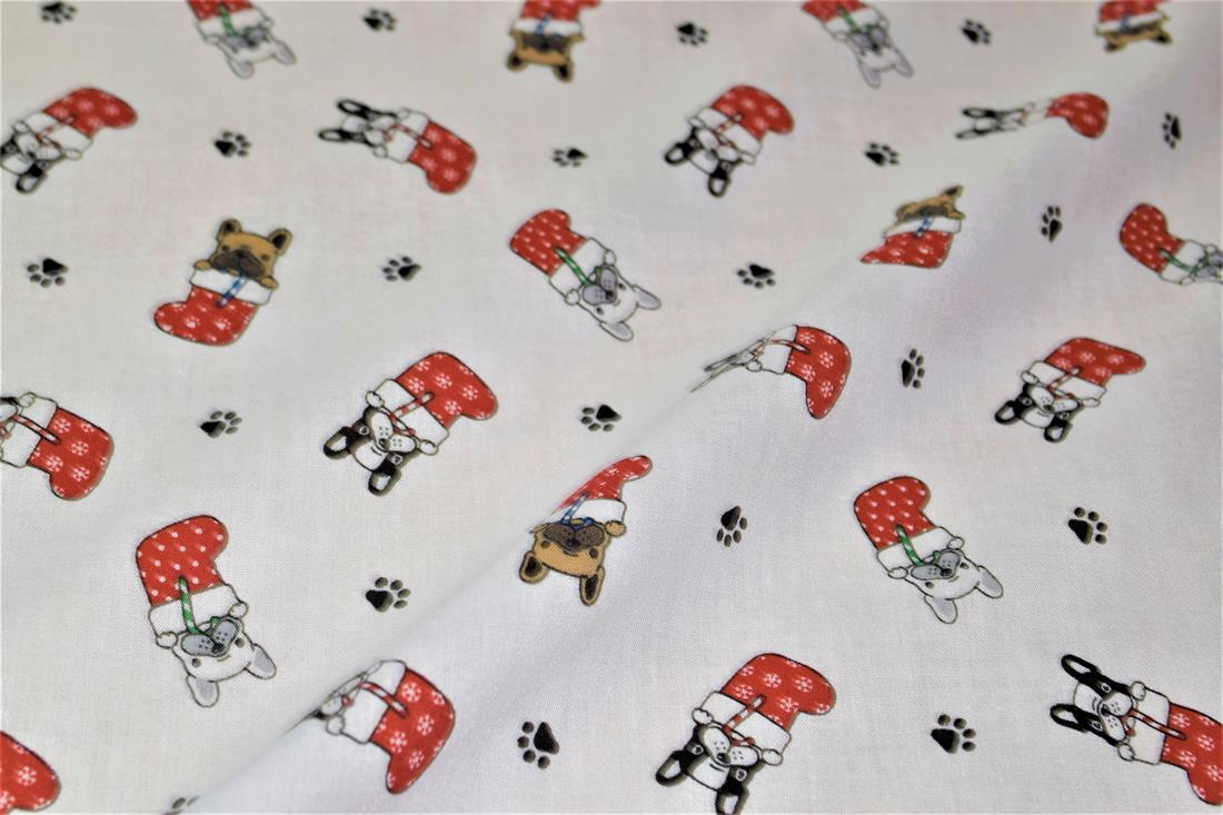 White Dogs in Stockings Printed Christmas Festive Polycotton Fabric