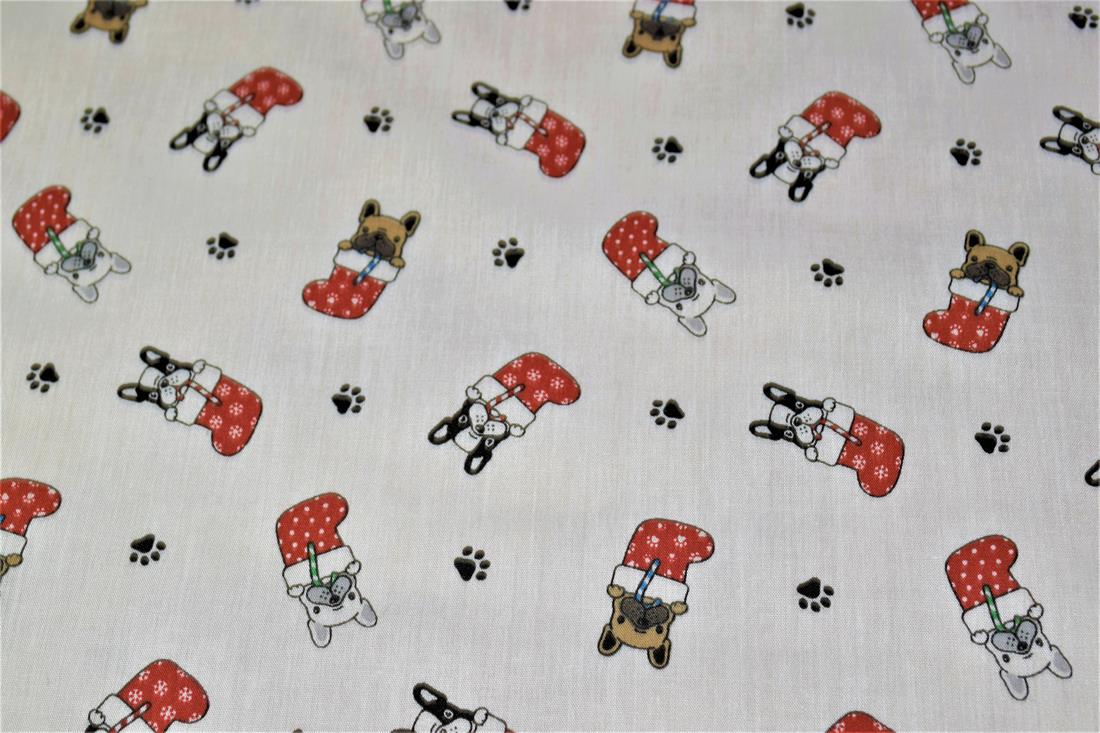 White Dogs in Stockings Printed Christmas Festive Polycotton Fabric