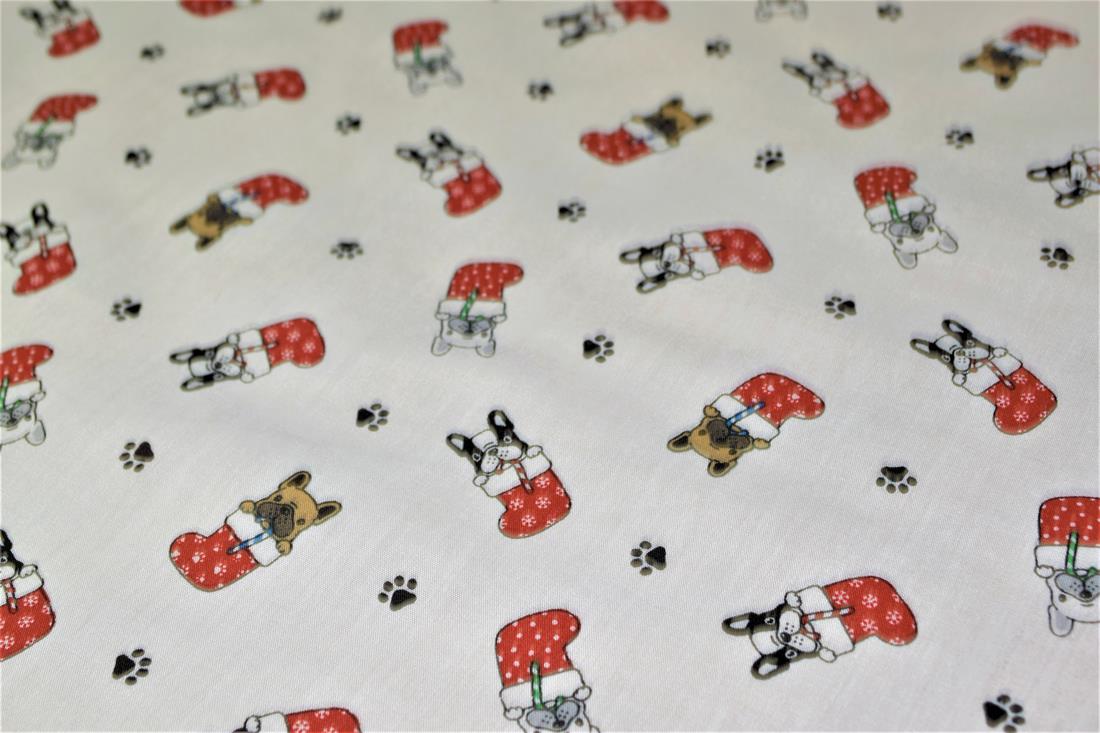 White Dogs in Stockings Printed Christmas Festive Polycotton Fabric