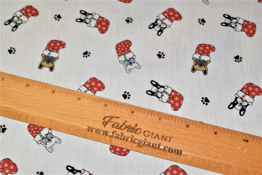 White Dogs in Stockings Printed Christmas Festive Polycotton Fabric