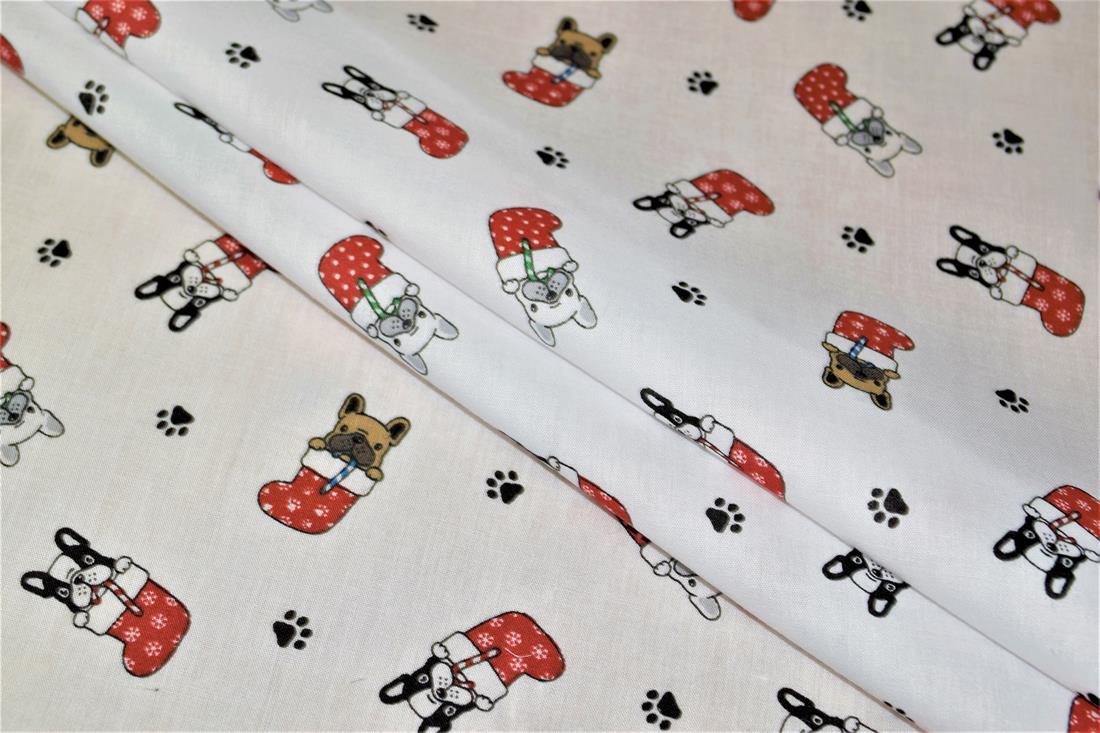 White Dogs in Stockings Printed Christmas Festive Polycotton Fabric