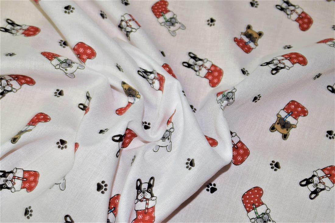 White Dogs in Stockings Printed Christmas Festive Polycotton Fabric