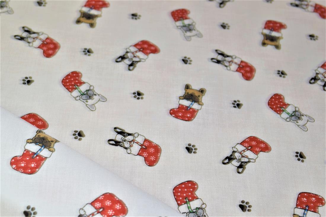 White Dogs in Stockings Printed Christmas Festive Polycotton Fabric