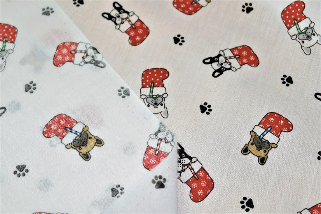 White Dogs in Stockings Printed Christmas Festive Polycotton Fabric