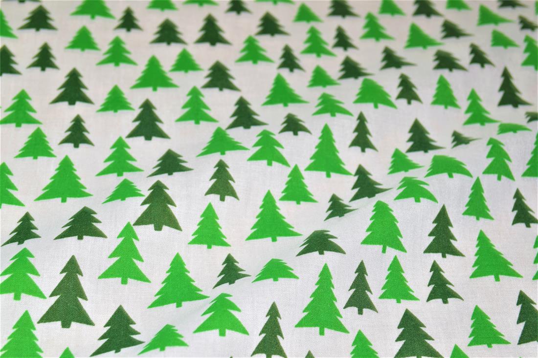 White & Green Printed Christmas Festive Polycotton Fabric