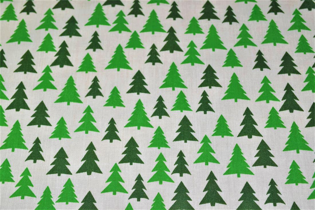 White & Green Printed Christmas Festive Polycotton Fabric