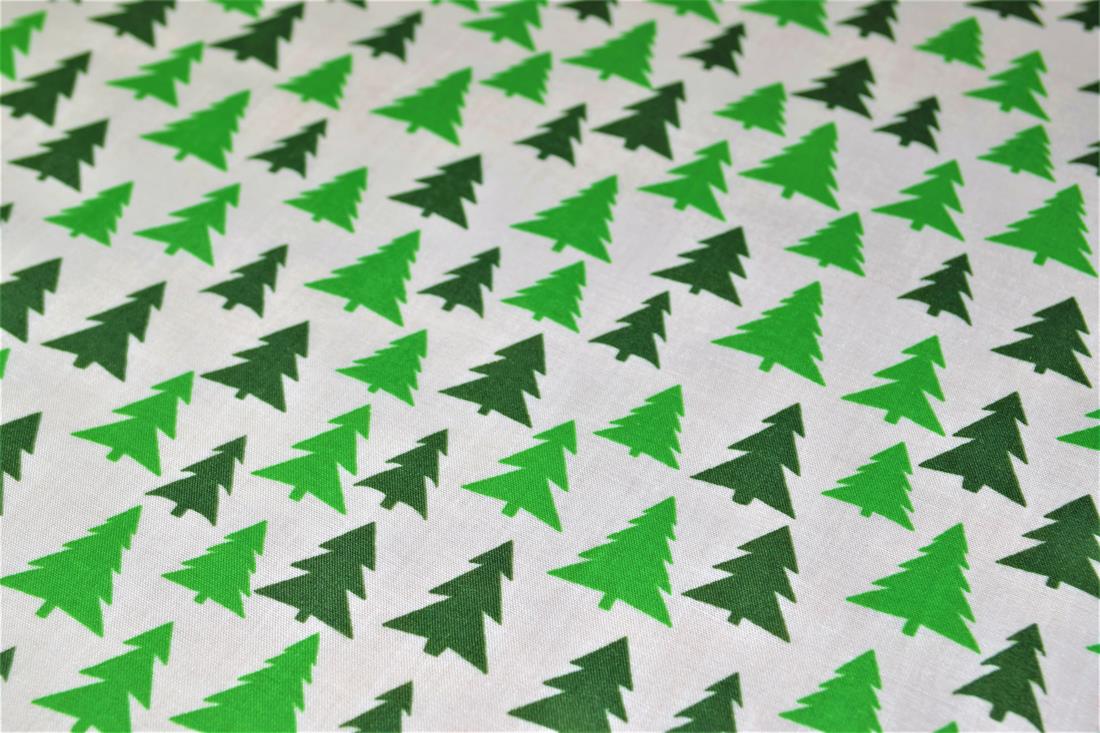 White & Green Printed Christmas Festive Polycotton Fabric