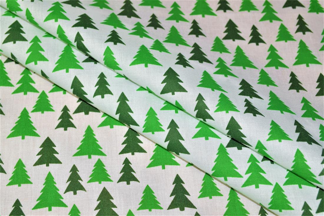 White & Green Printed Christmas Festive Polycotton Fabric