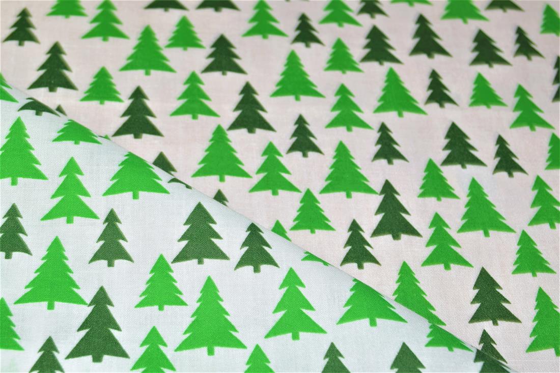 White & Green Printed Christmas Festive Polycotton Fabric