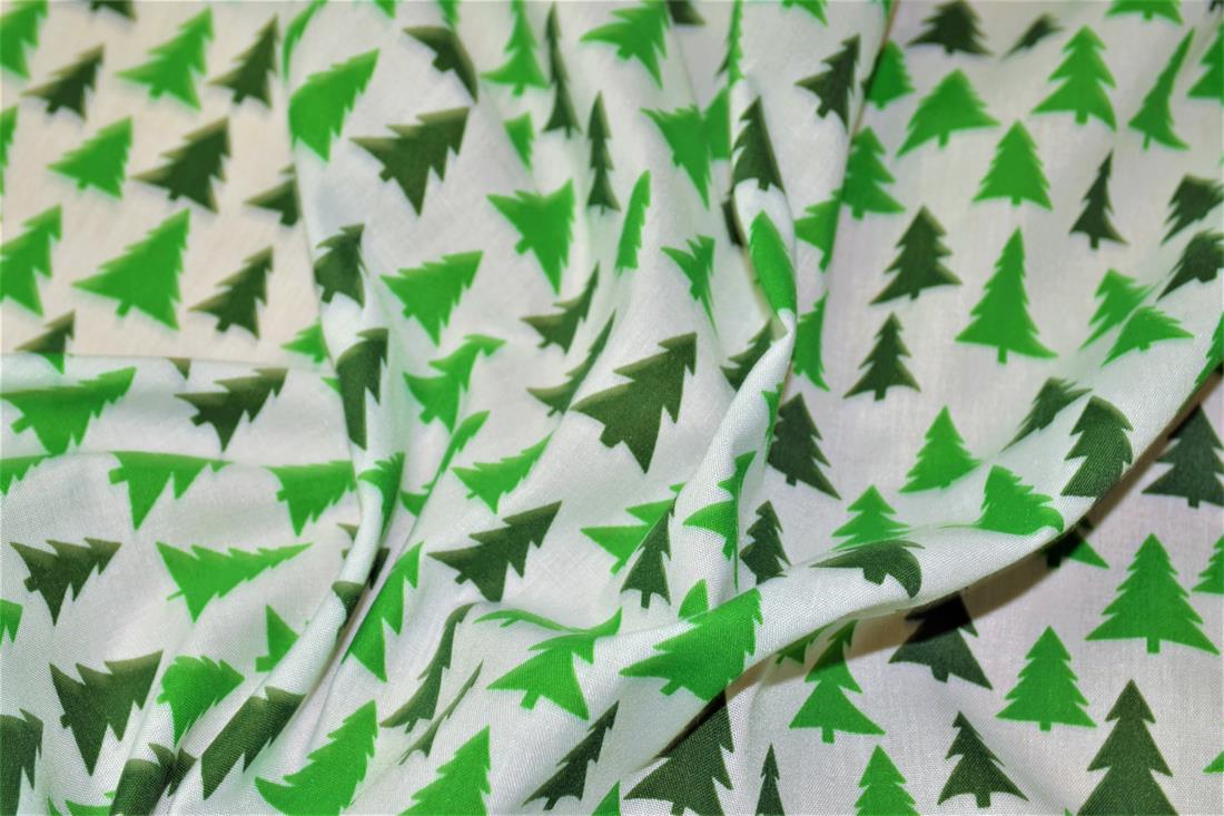 White & Green Printed Christmas Festive Polycotton Fabric