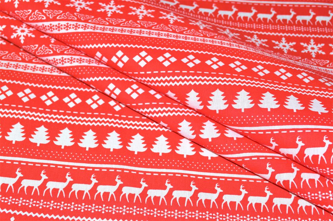 Red Christmas Snowflake Patterns Printed Festive Polycotton Fabric