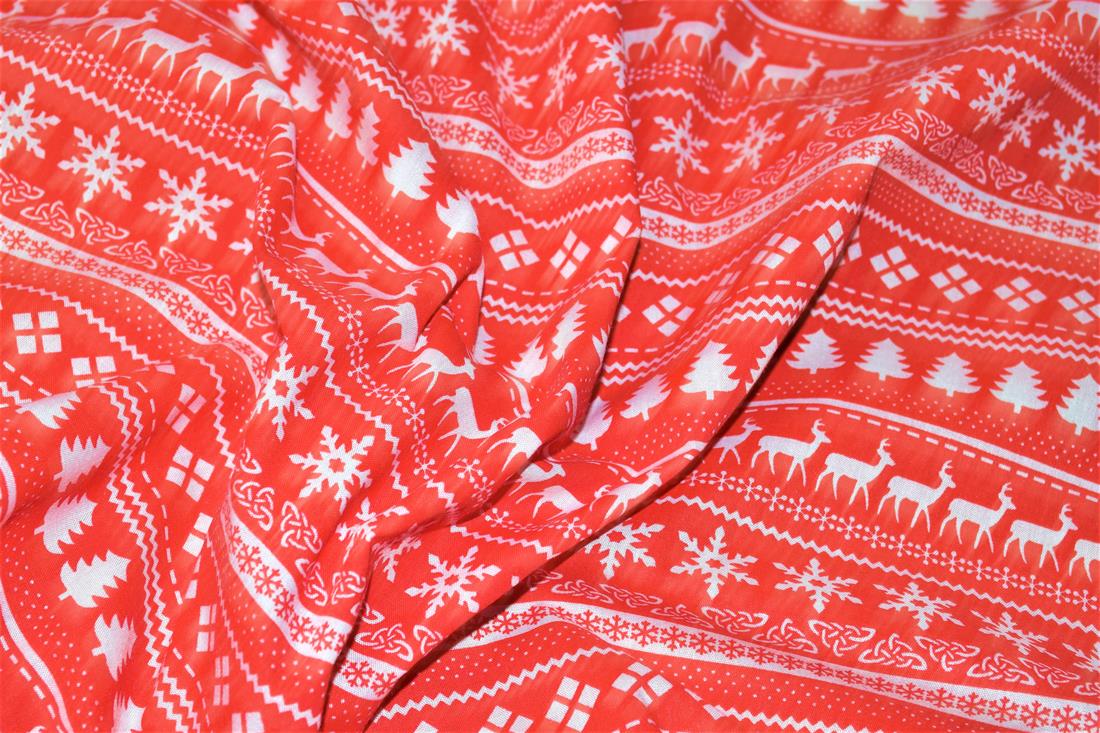 Red Christmas Snowflake Patterns Printed Festive Polycotton Fabric