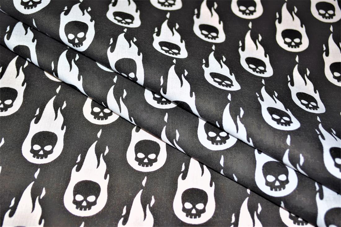 Skulls on Fire Printed Poly Cotton Fabric