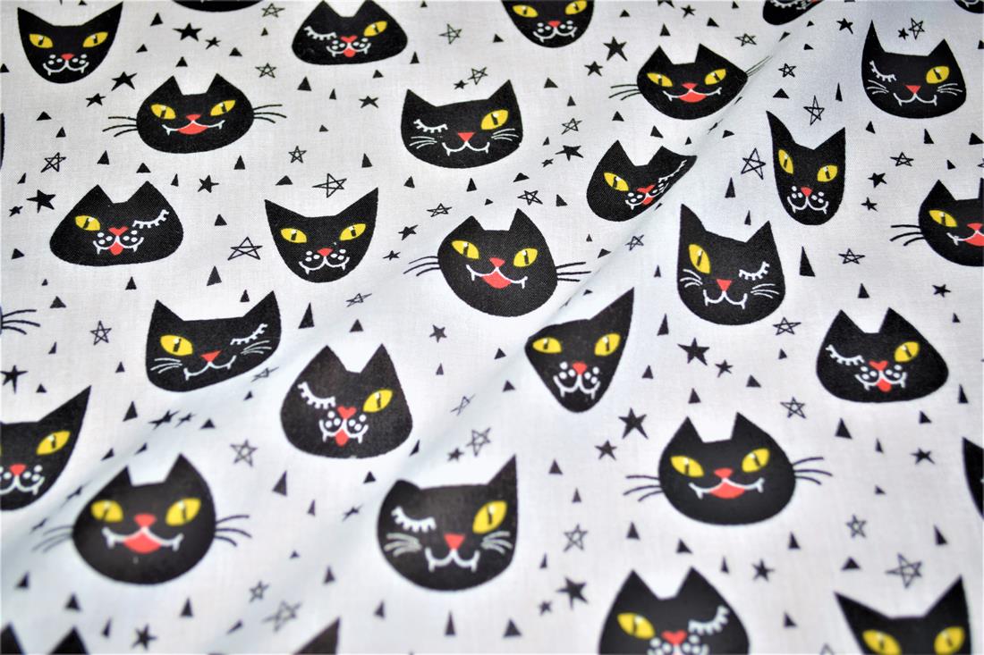Black Cats Printed Poly Cotton Fabric