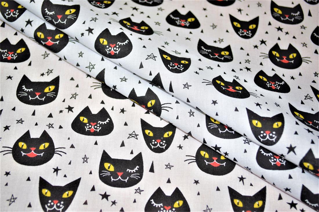Black Cats Printed Poly Cotton Fabric