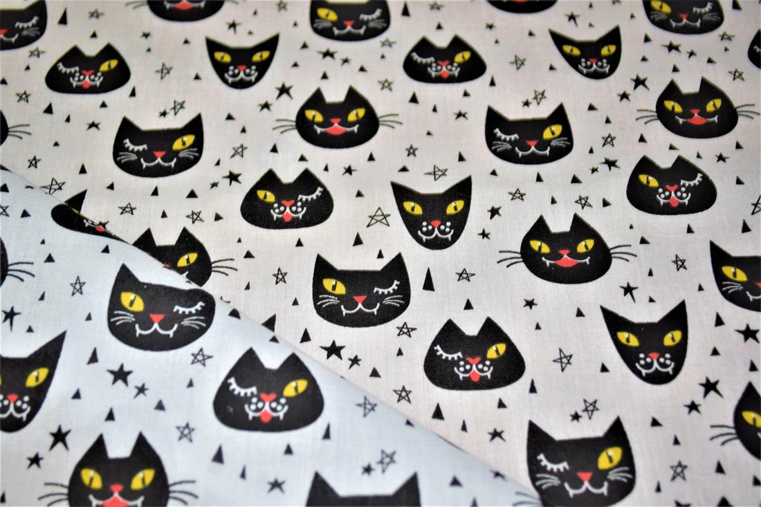Black Cats Printed Poly Cotton Fabric