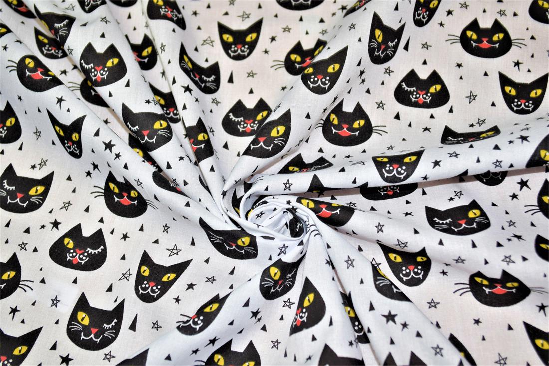 Black Cats Printed Poly Cotton Fabric