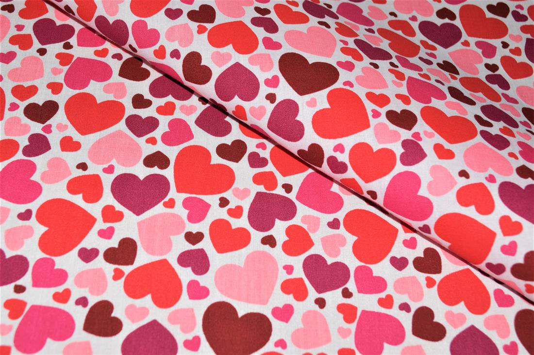 Pink Printed Polycotton Fabric, Heart Desing