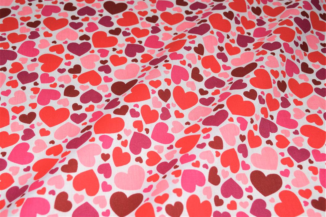 Pink Printed Polycotton Fabric, Heart Desing
