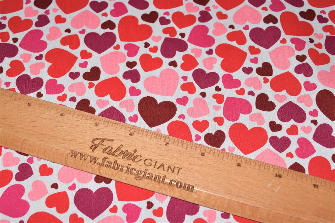 Pink Printed Polycotton Fabric, Heart Desing