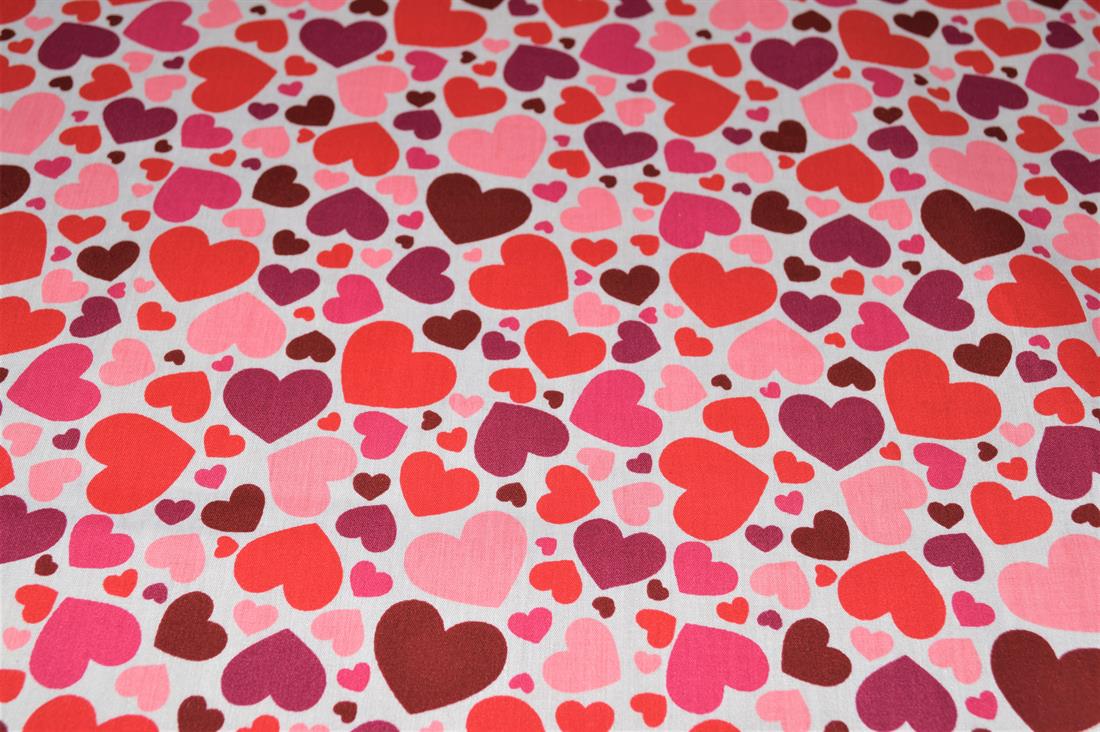Pink Printed Polycotton Fabric, Heart Desing