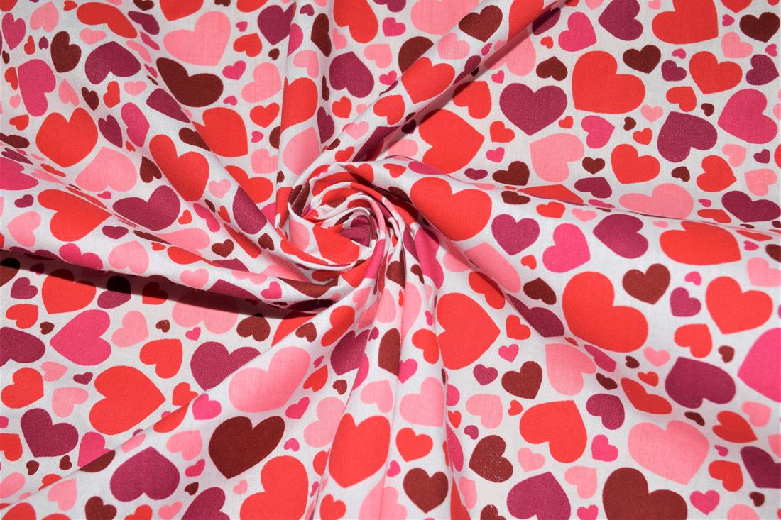 Pink Printed Polycotton Fabric, Heart Desing