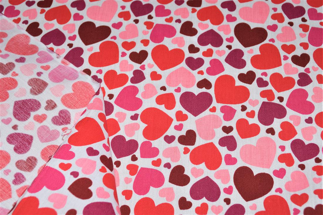 Pink Printed Polycotton Fabric, Heart Desing