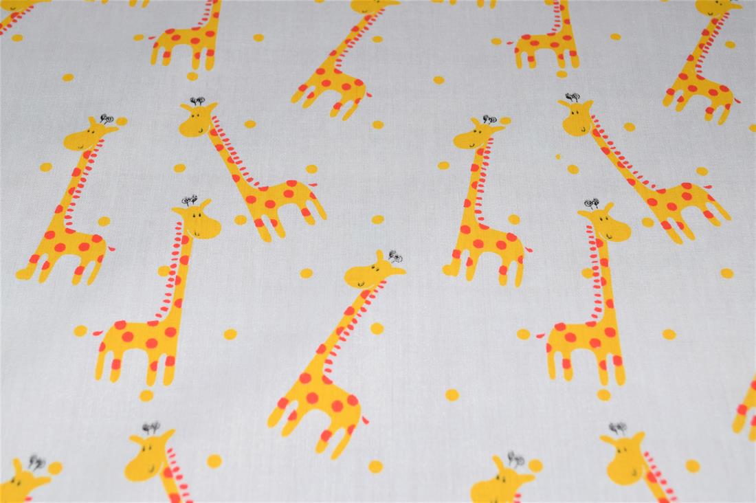 White Printed Polycotton Fabric, Giraffe Desing